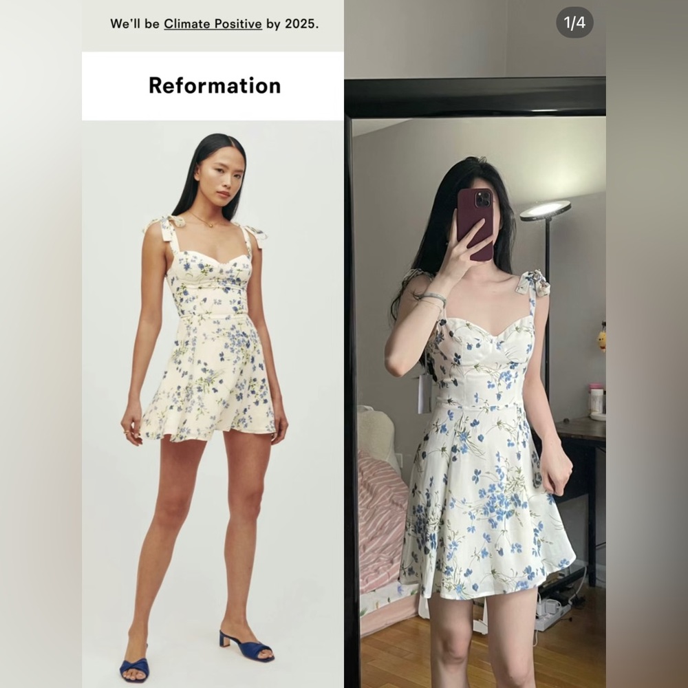 Reformation Cream Floral Mini Dress with Blue Flowers